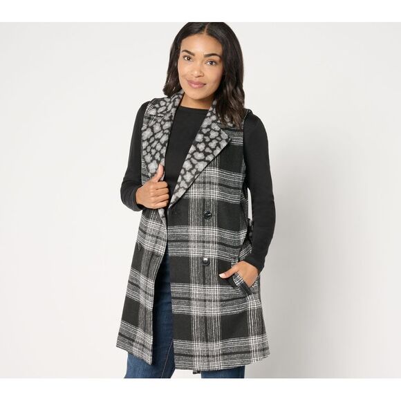 Susan Graver Women's Petite Jacket PL Printed Double Breasted Vest Black A660061 - Picture 1 of 4